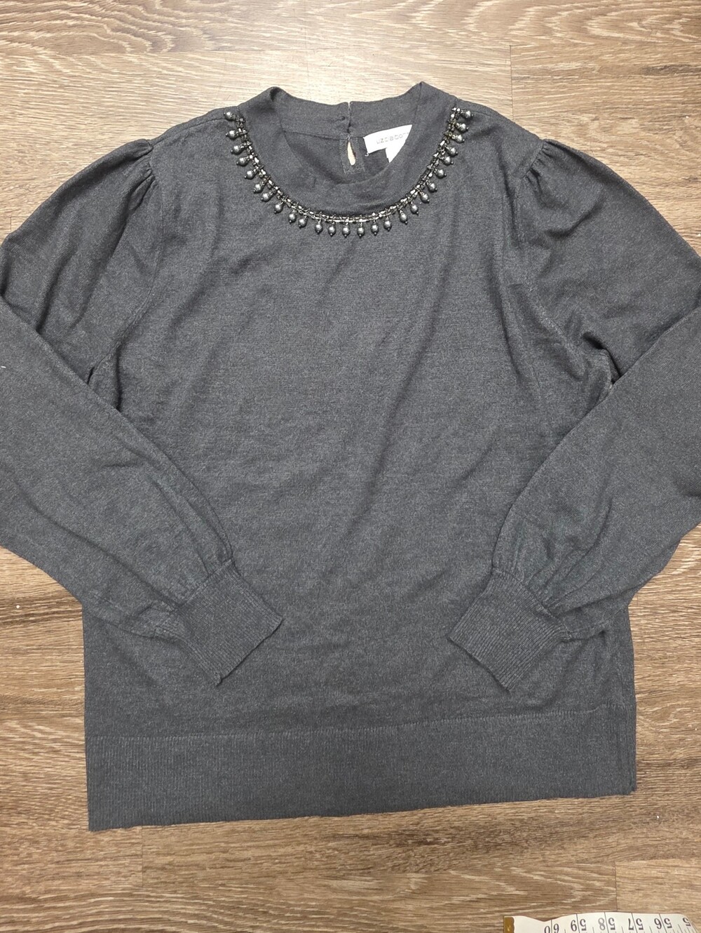 Liz Claiborne Charcoal Jeweled Crewneck Sweater - Women Size L
